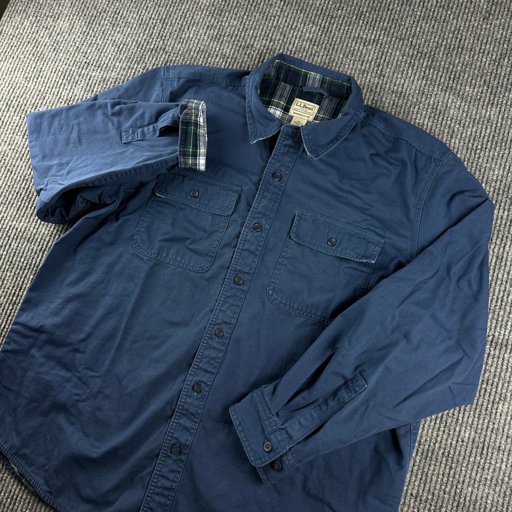 LL Bean Mens Traditional Fit Flannel Lined Shirt Navy Blue Large 298205